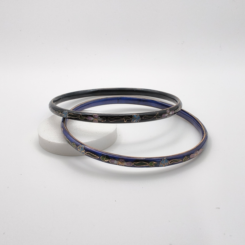 Pair of Vintage Hand-Painted Cloisonné Flower Bangle Bracelets